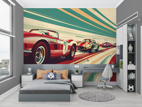 Vintage racing car wallpaper in modern home office with red and teal design creating energetic atmosphere