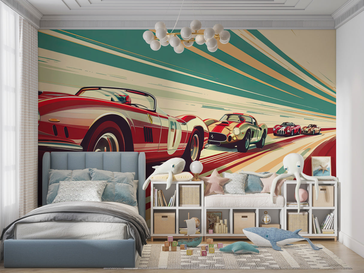 Classic car mural wallpaper displayed in teen bedroom showing retro racing theme