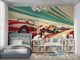 Classic car mural wallpaper displayed in teen bedroom showing retro racing theme