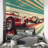 Racing car wall mural bringing life to living room with dynamic vintage design