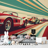 Vintage car wallpaper adding retro charm to game room setting