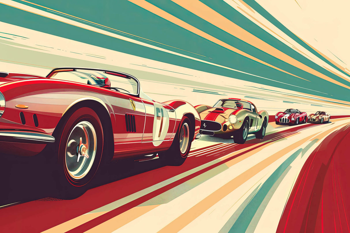 Design file of vintage racing car wallpaper showing detailed pattern and color scheme