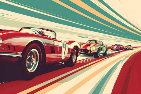 Design file of vintage racing car wallpaper showing detailed pattern and color scheme