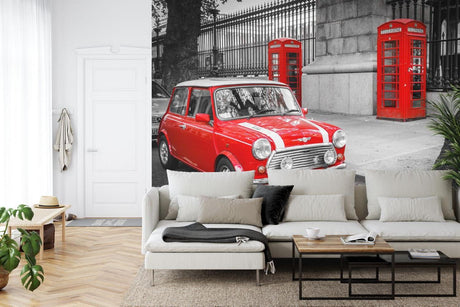 Red Mini Cooper wallpaper in modern living room with grey sofa and minimal decor
