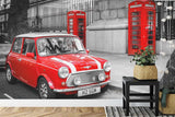 Vintage car mural in home office featuring London street scene and red Mini Cooper