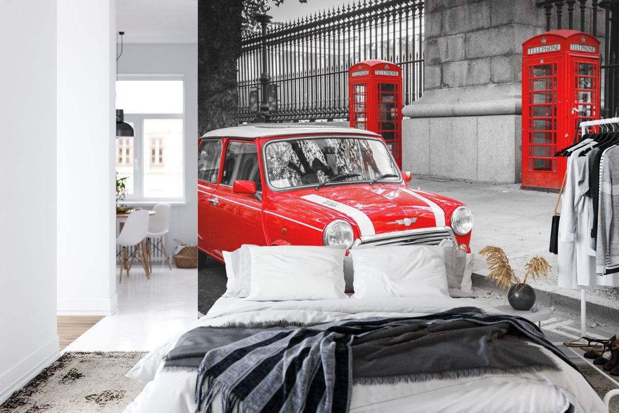 London Mini Cooper wallpaper in restaurant with industrial lighting and exposed brick