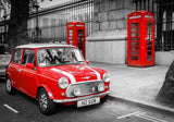 Design file of red Mini Cooper against black and white London street scene with telephone booth