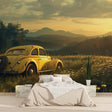 Vintage car wallpaper with yellow Beetle in modern living room, mountain sunset view creating warm atmosphere