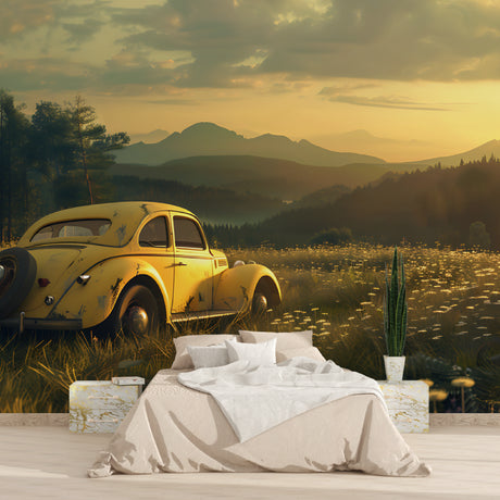 Vintage car wallpaper with yellow Beetle in modern living room, mountain sunset view creating warm atmosphere
