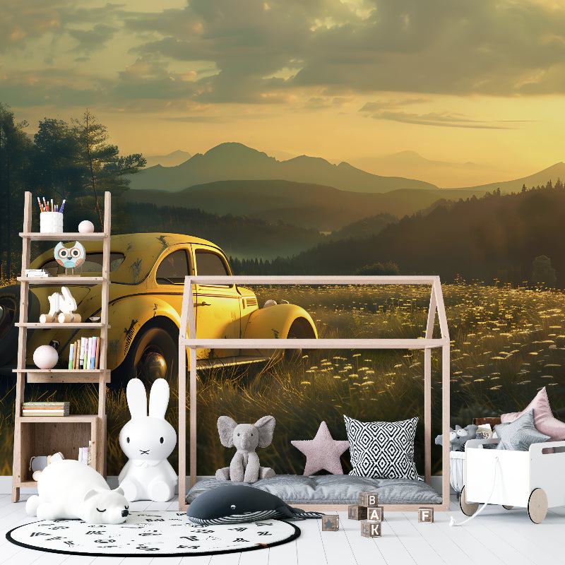 Classic Beetle wall mural in teen bedroom showing mountain landscape at sunset
