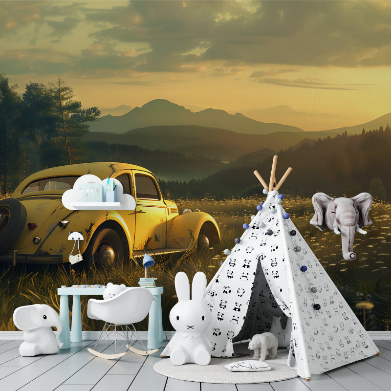 Retro car wallpaper feature wall in home office with mountain scenery