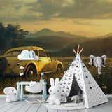 Retro car wallpaper feature wall in home office with mountain scenery