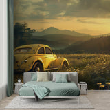 Mountain sunset mural with vintage Beetle in dining room setting