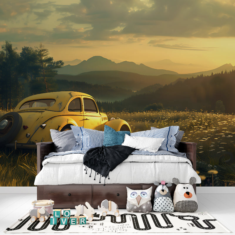 Yellow Beetle wallpaper creating cozy atmosphere in reading nook