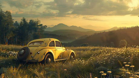 Design file showing detailed vintage car and mountain landscape pattern