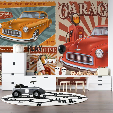 Vintage car wallpaper creating a cool vibe in a modern game room with leather sofa and ambient lighting