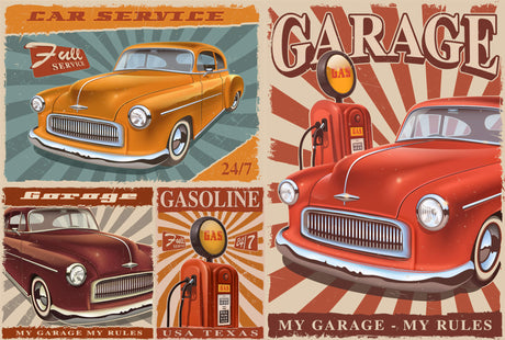 Design file showing detailed vintage car pattern with classic American garage elements