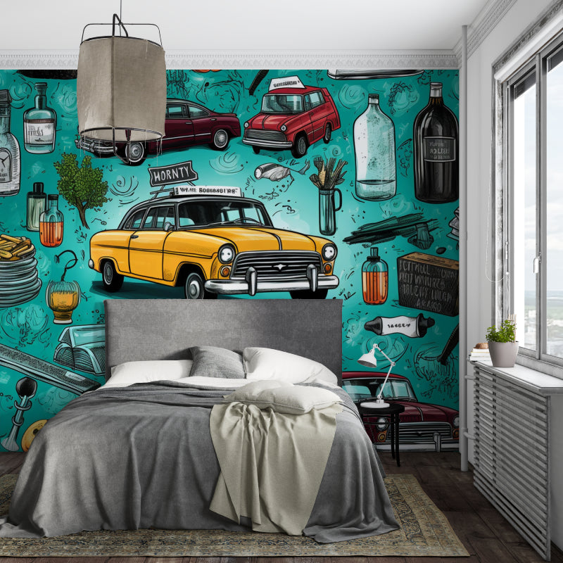 Vintage car mural wallpaper bringing retro charm to a modern living room with turquoise accents