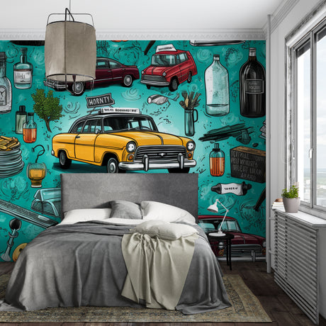 Vintage car mural wallpaper bringing retro charm to a modern living room with turquoise accents