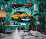 Classic car wallpaper design showcased in a cozy home office with natural lighting