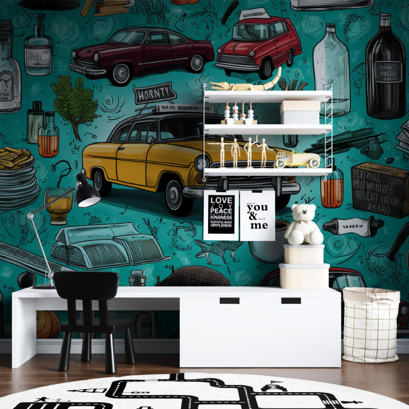 Retro automotive mural adding personality to a teen's bedroom with turquoise theme