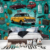 Vintage car wall design creating a focal point in a stylish dining room setting