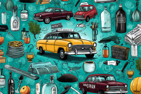 Vintage car pattern design file showing detailed classic automobiles on turquoise background