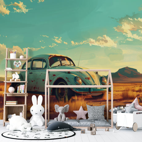 Vintage car wallpaper with classic Beetle transforms modern living room with desert vibes