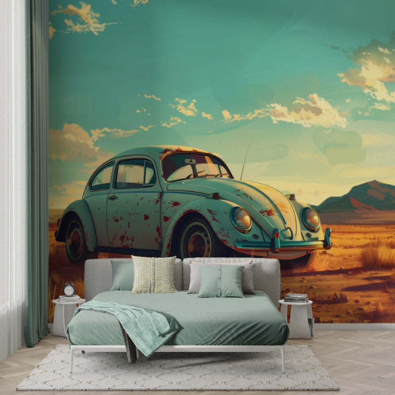 Retro Beetle desert mural creates stunning accent wall in home office