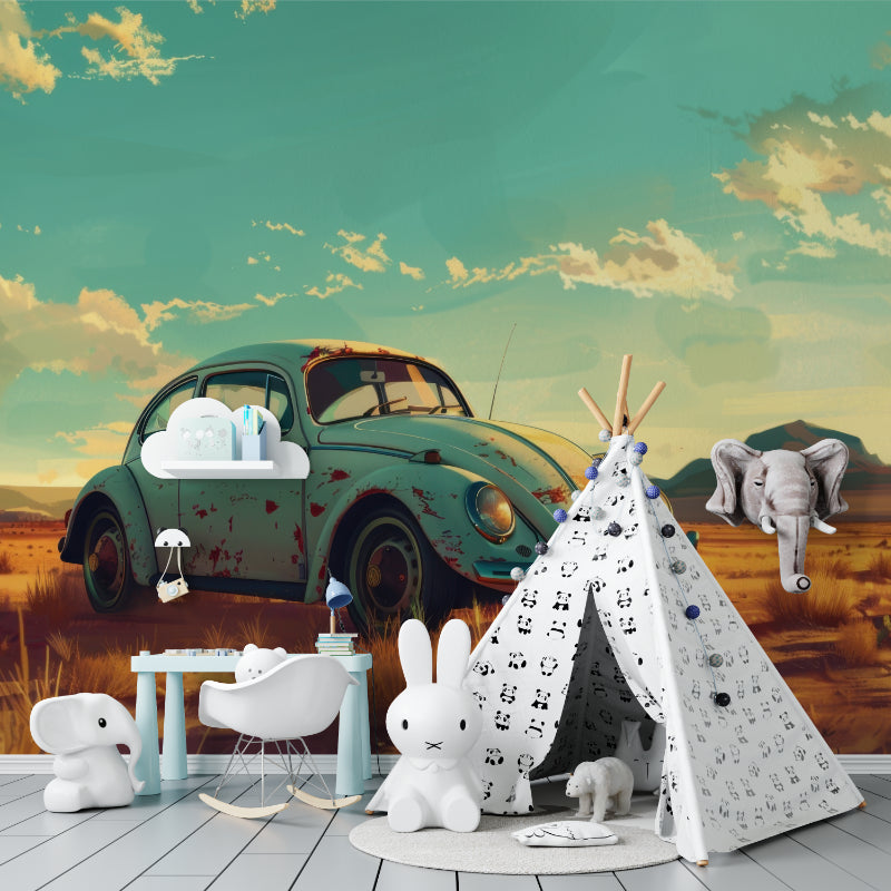 Classic car wallpaper adds character to contemporary dining space