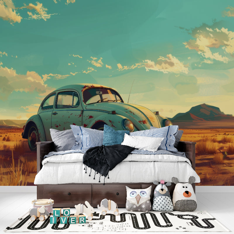 Desert landscape mural with turquoise Beetle enhances hallway design