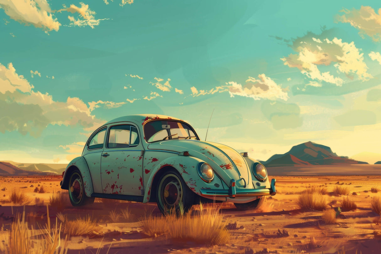 Design file showing detailed retro Beetle against golden desert landscape