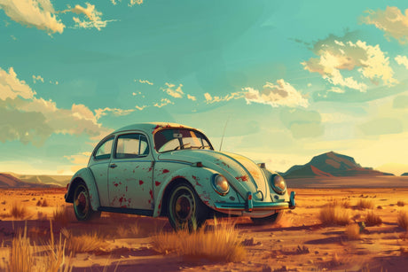 Design file showing detailed retro Beetle against golden desert landscape