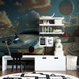 Vintage car wallpaper in modern living room showing classic automobile against desert moon