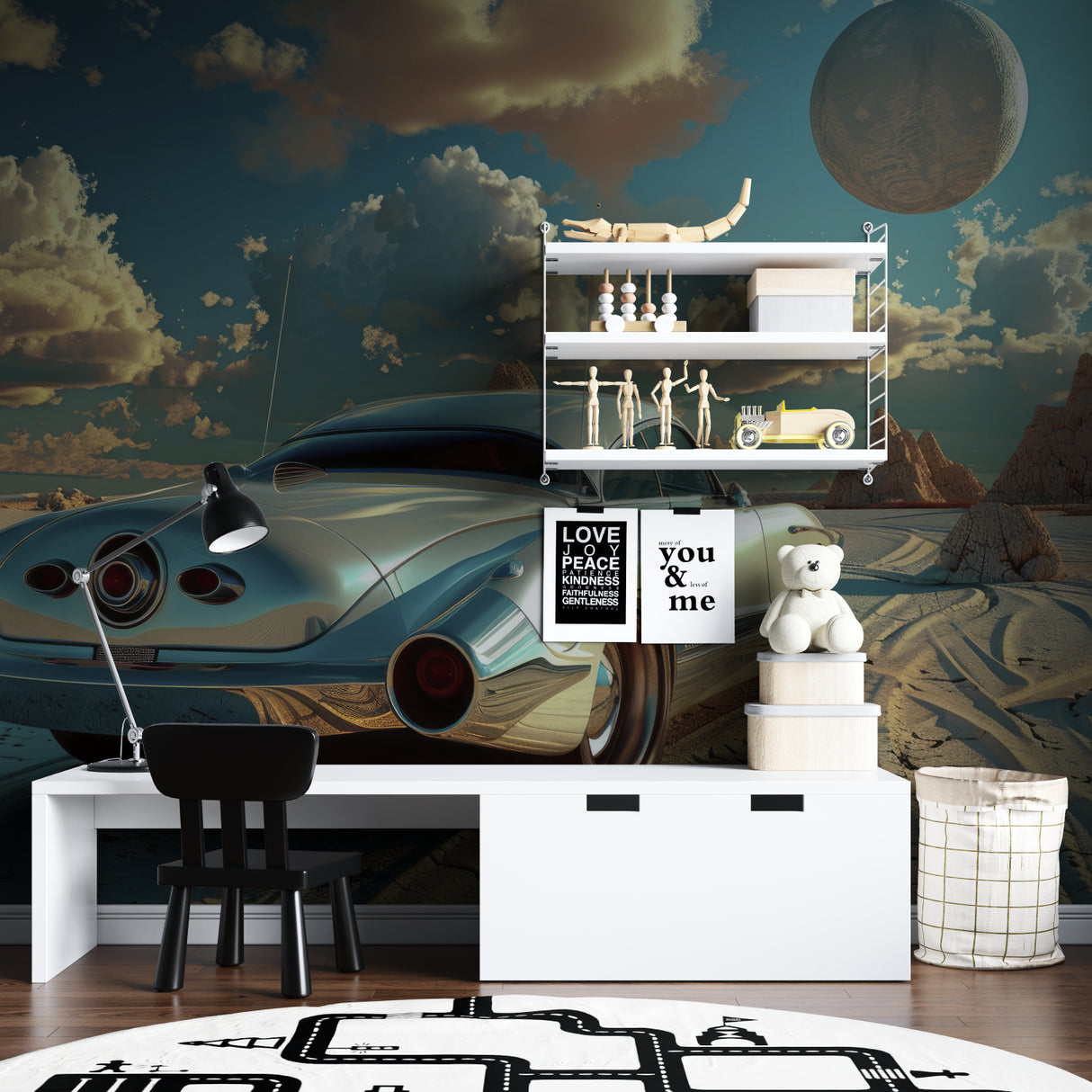 Vintage car wallpaper in modern living room showing classic automobile against desert moon