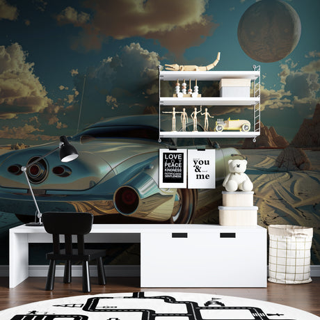 Vintage car wallpaper in modern living room showing classic automobile against desert moon