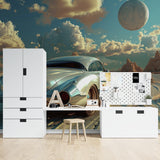Retro car mural displayed in home office with desert moonscape background