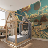 Vintage automobile wallpaper installation in man cave showing desert scene