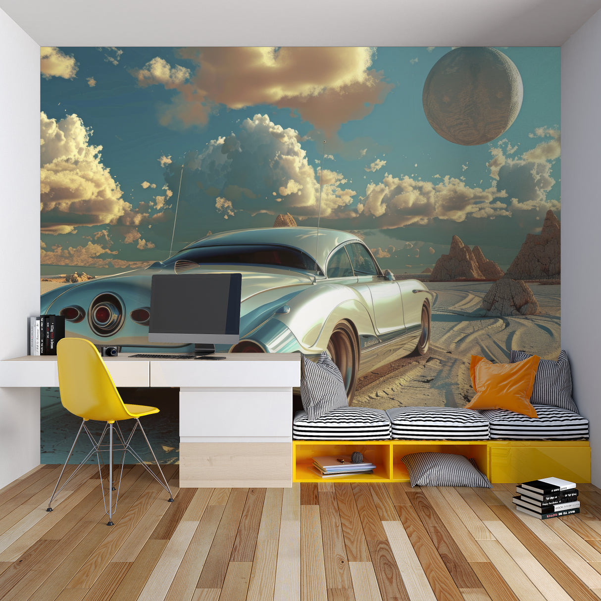 Retro car desert mural adding character to gaming room setup