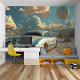 Retro car desert mural adding character to gaming room setup