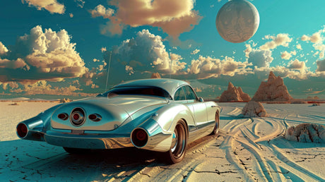 Design file of vintage car against desert moon landscape wallpaper pattern
