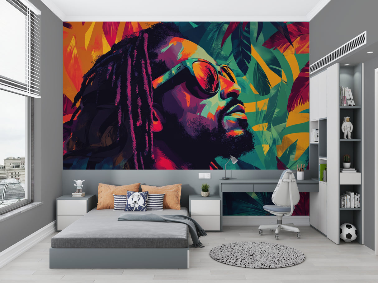 Classic car poster mural adding character to home office space with wooden desk