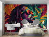 Retro garage wallpaper bringing style to man cave with leather armchair