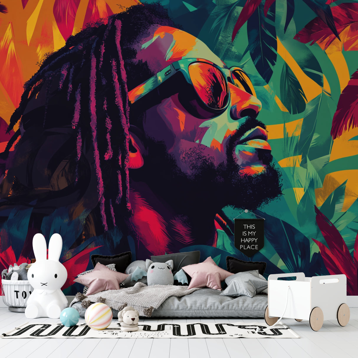 Car poster wallpaper making statement in entertainment room with bar setup