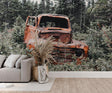 Vintage car wallpaper creating a cozy atmosphere in a modern living room with natural light highlighting the forest backdrop