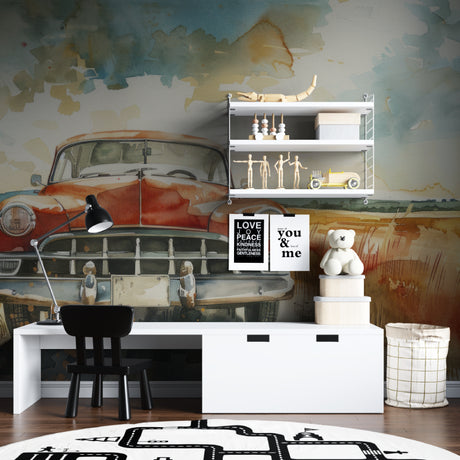 Vintage car wallpaper creating a striking focal point in a modern living room with soft natural lighting