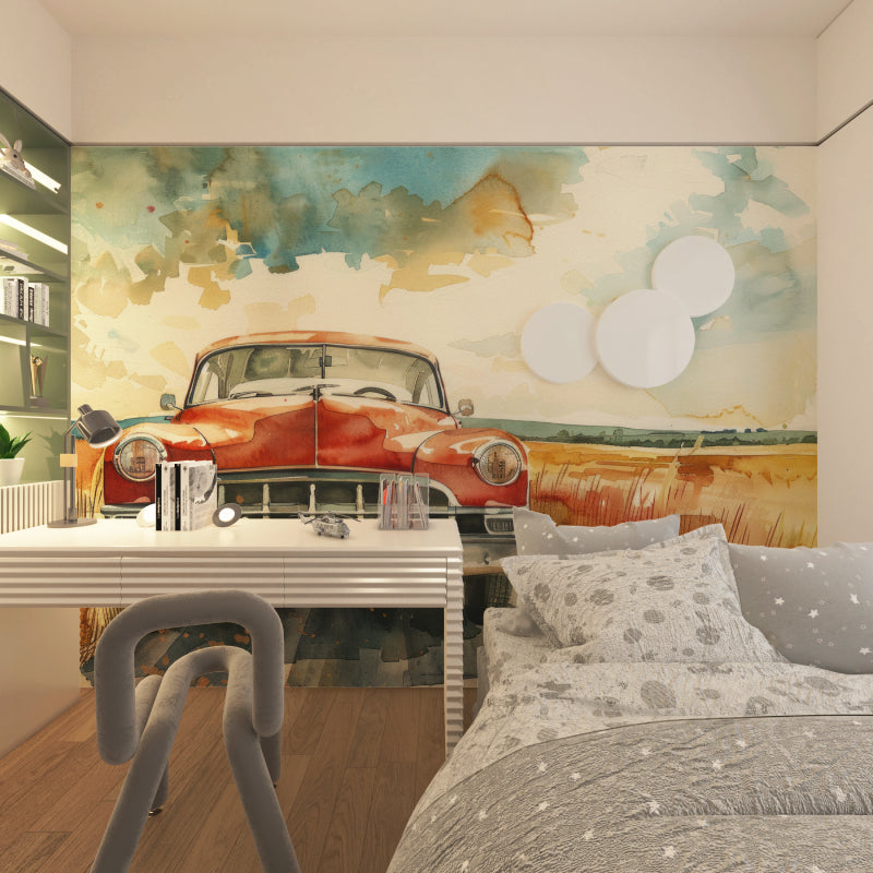 Classic car mural wallpaper bringing character to a home office with minimalist furniture
