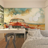 Classic car mural wallpaper bringing character to a home office with minimalist furniture
