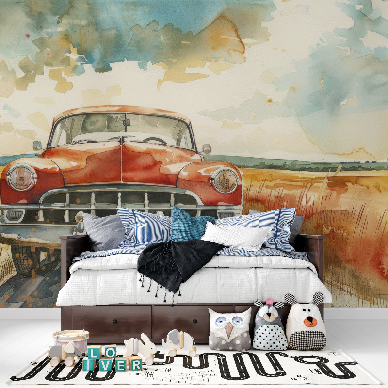 Watercolor vintage car wallpaper adding warmth to a garage conversion space