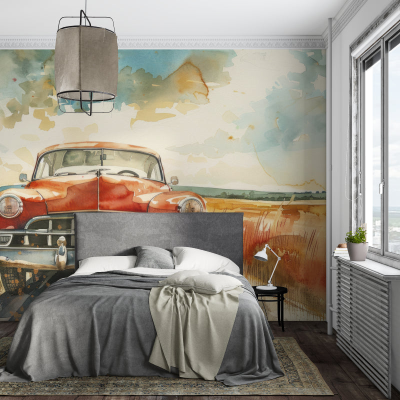Retro car mural wallpaper making a statement in a teen bedroom setup